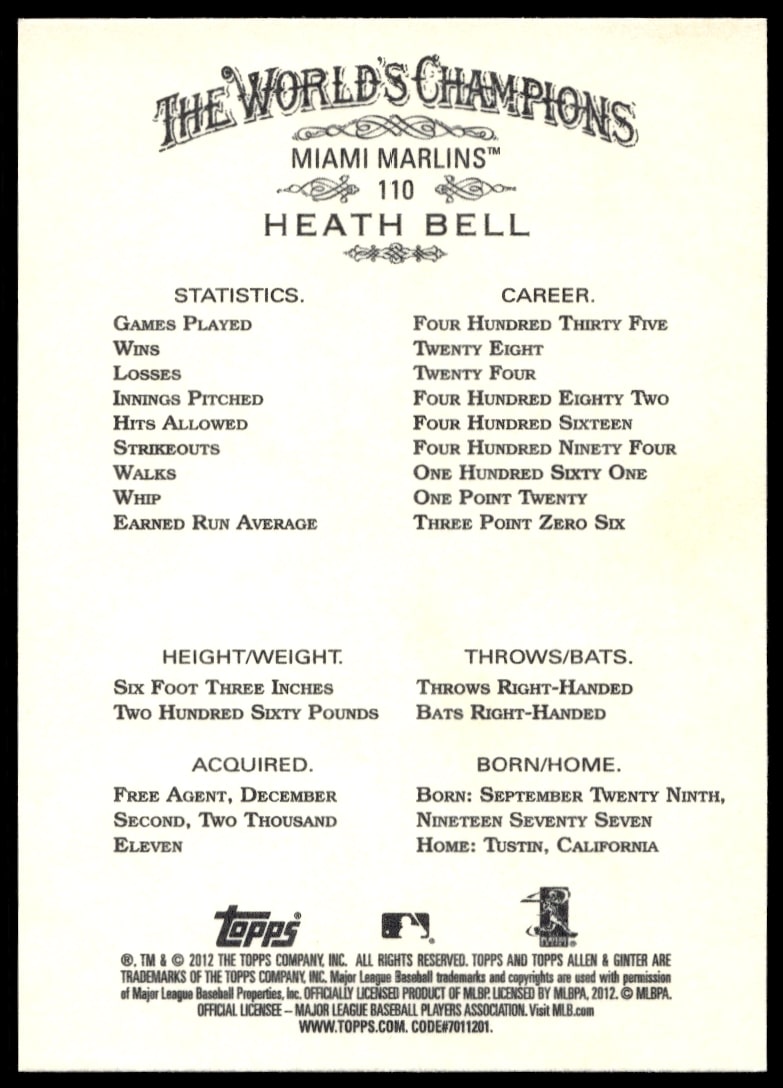2012 Topps Allen & Ginter Heath Bell #110 - Image 2