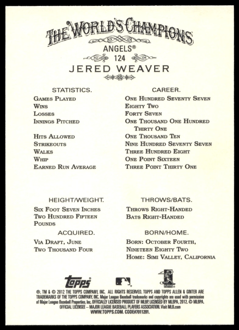 2012 Topps Allen & Ginter Jered Weaver #124 - Image 2