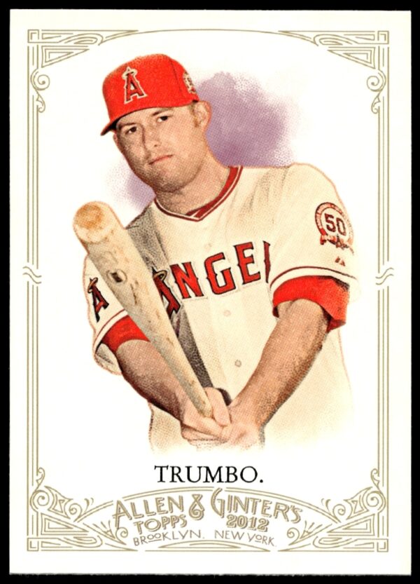 Mark Trumbo 2012 Angels baseball card, Allen & Ginter series, action stance.