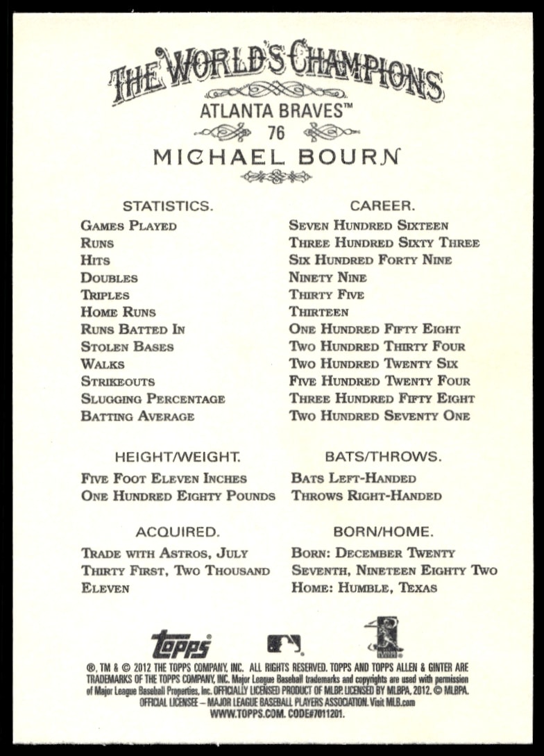 Michael Bourn 2012 Topps Allen & Ginter card back with MLB stats and achievements.