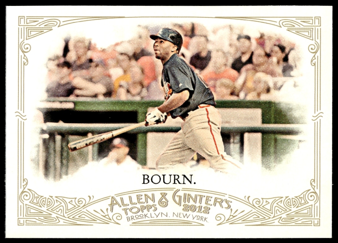 Michael Bourn 2012 Allen & Ginter card #76, showing in-game action in team jersey.