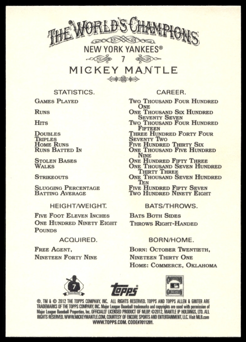 2012 Topps Allen & Ginter Mickey Mantle #7 - Image 2