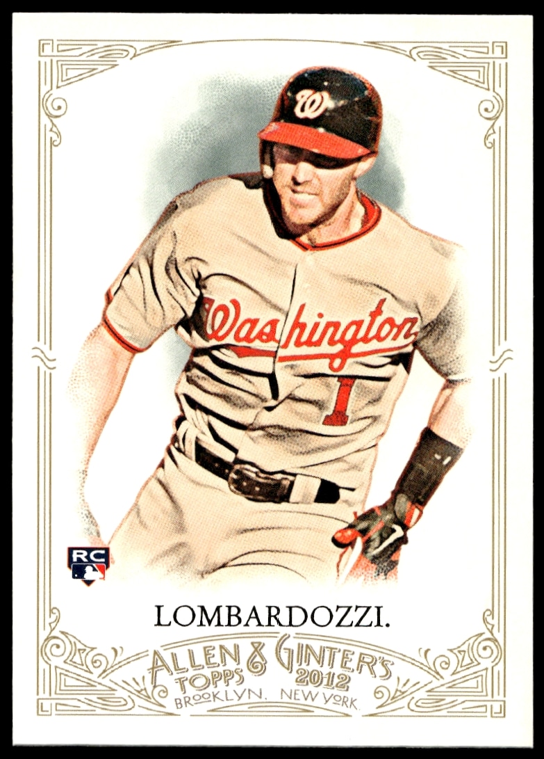 Front of 2012 Topps Steve Lombardozzi baseball card, showcasing Washington Nationals uniform.
