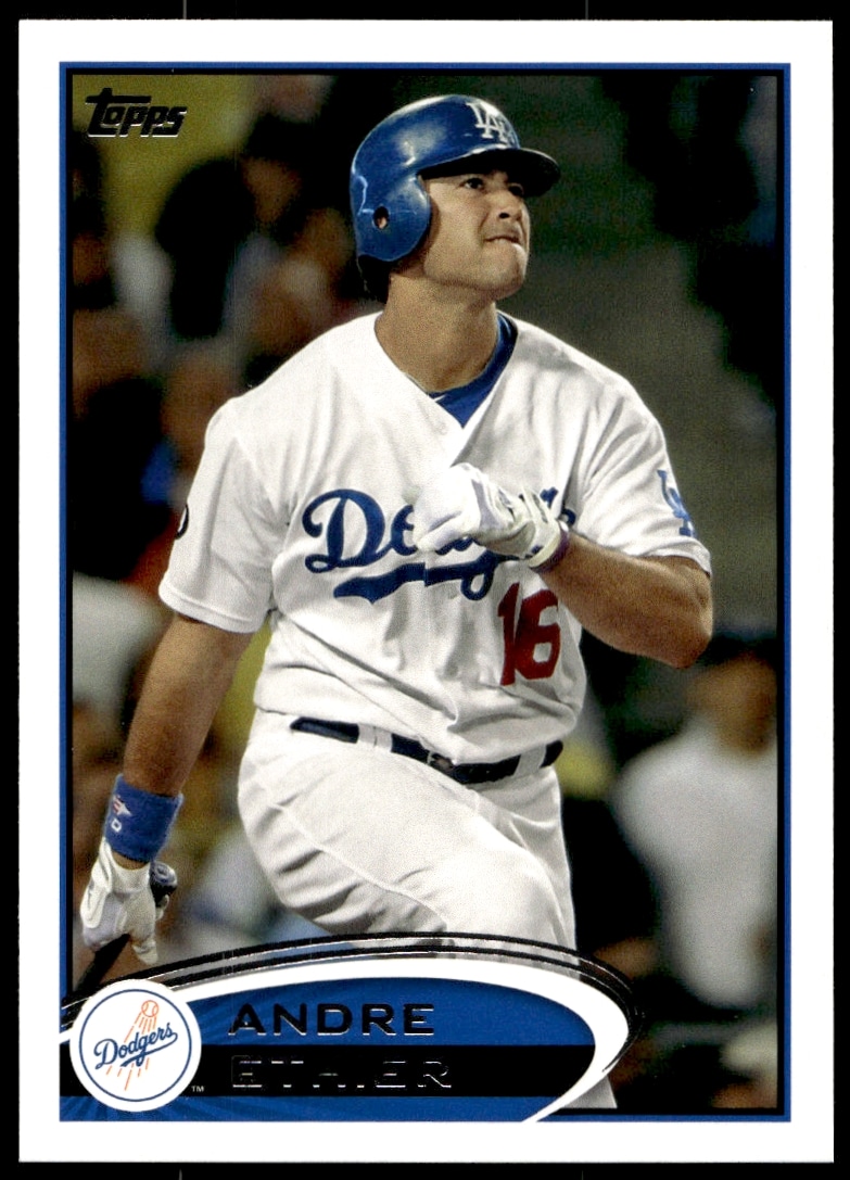 Andre Ethier 2012 Topps baseball card in Dodgers uniform, dynamic action shot.