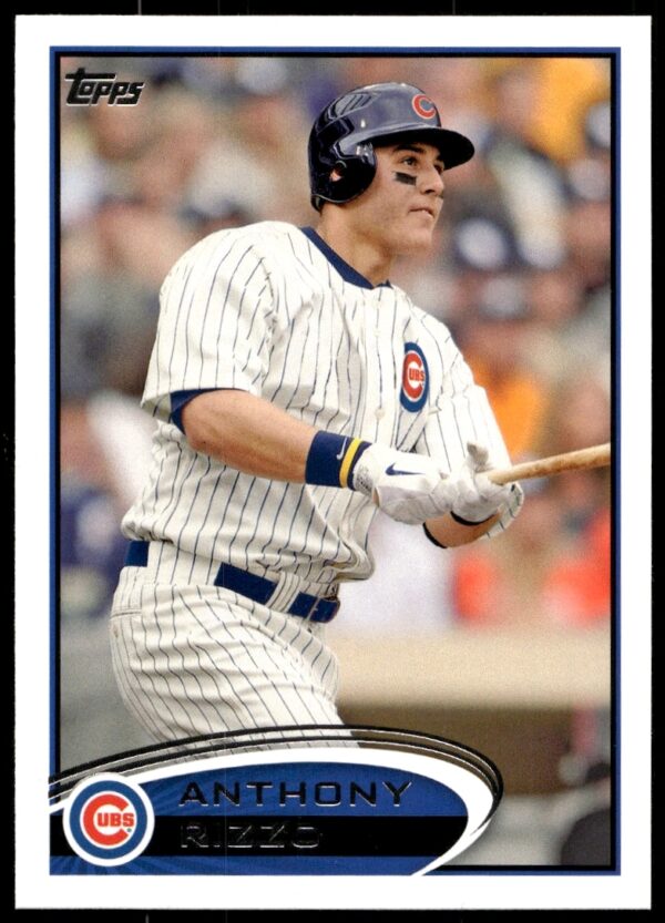 Front of 2012 Topps Anthony Rizzo card, #334, showing him in action for the Cubs.