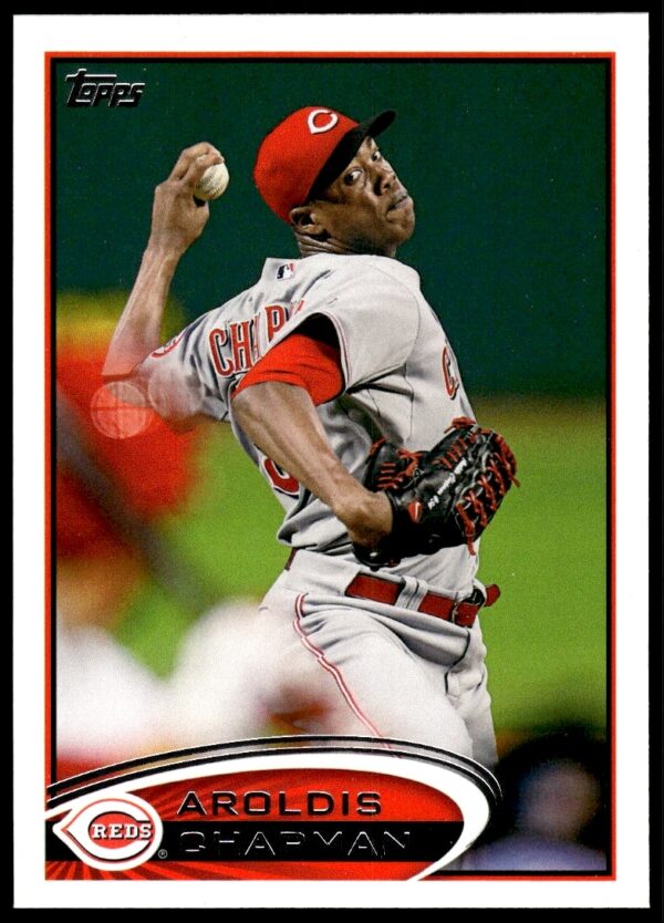 Aroldis Chapman 2012 Topps Baseball Card #265 featuring Cincinnati Reds pitcher in action.