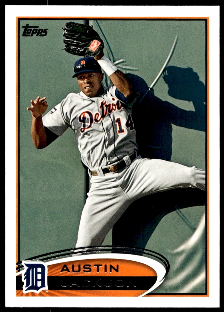 Austin Jackson 2012 Topps Baseball Card #422, front view, showcasing dynamic gameplay.