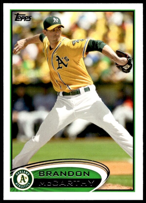 Brandon McCarthy 2012 Topps Baseball Card #73, Oakland Athletics, Mid-Pitch Action Shot.