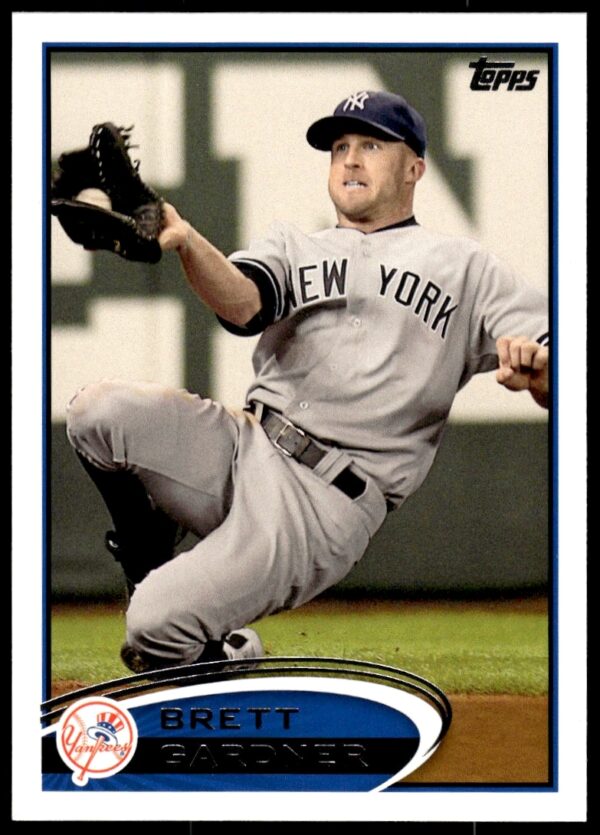 Brett Gardner 2012 Topps Baseball Card #635 Front, Yankees outfielder stance.