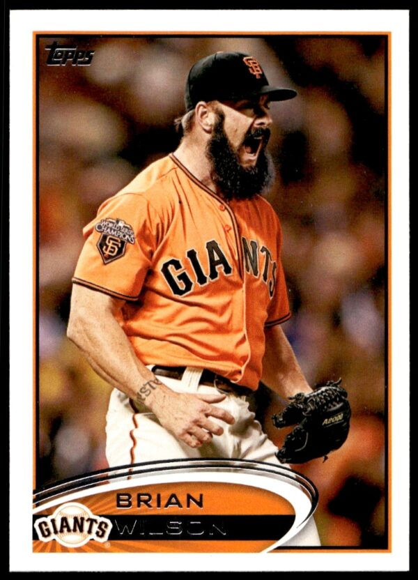 2012 Topps card featuring Brian Wilson pitching for the Giants, highlighting his iconic beard.