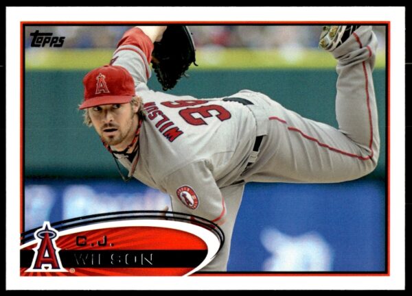C.J. Wilson 2012 Topps #613 Baseball Card, Los Angeles Angels Pitcher Mid-Action Photo.