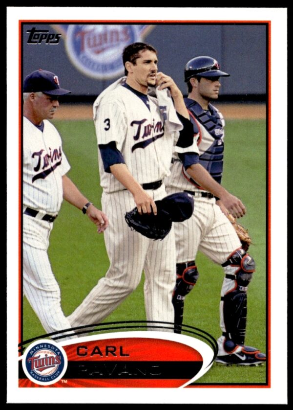Carl Pavano 2012 Topps #164 baseball card, featuring Minnesota Twins pitcher in action.