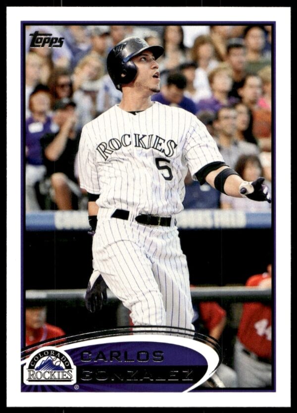 Carlos Gonzalez in action, 2012 Topps #373, vibrant athlete-focused baseball card front.