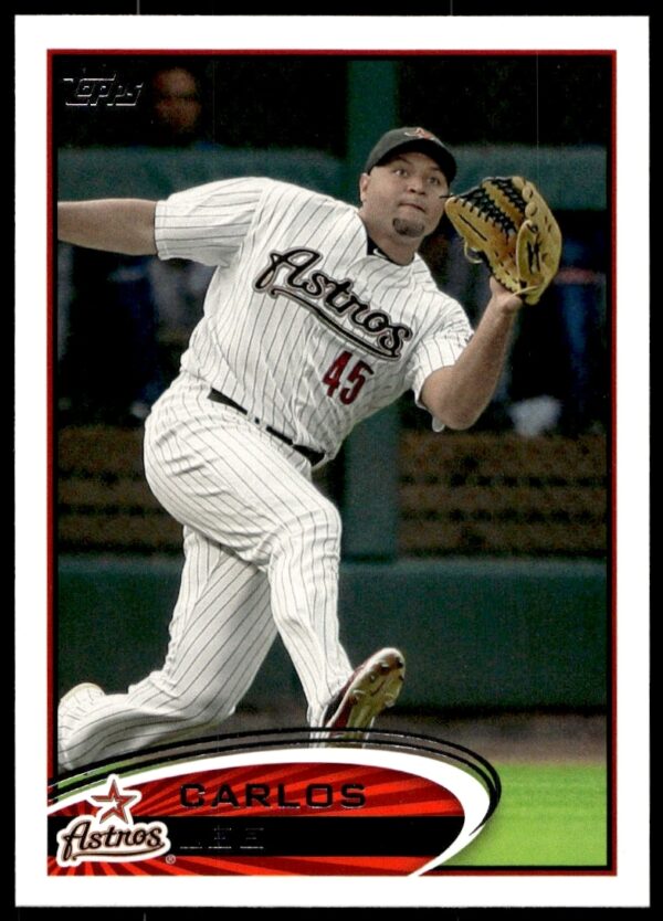2012 Topps Baseball Card featuring Carlos Lee in an action pose, card number 592.