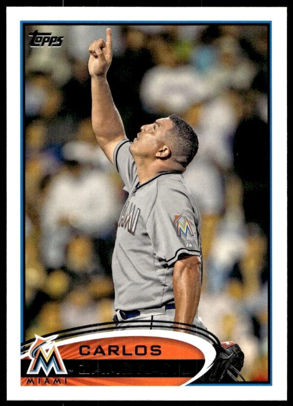 Carlos Zambrano 2012 Topps Baseball Card #425 in Marlins uniform, mid-action pose.