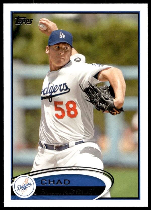 Chad Billingsley pitching, 2012 Topps Baseball Card #152, Los Angeles Dodgers uniform (front view).