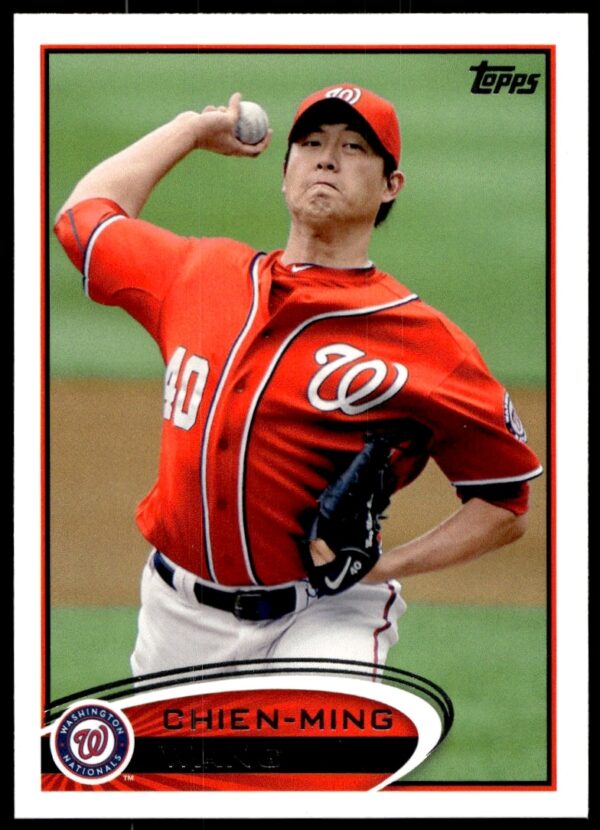 Chien-Ming Wang 2012 Topps card #440, front, in Nationals uniform, pitching action.