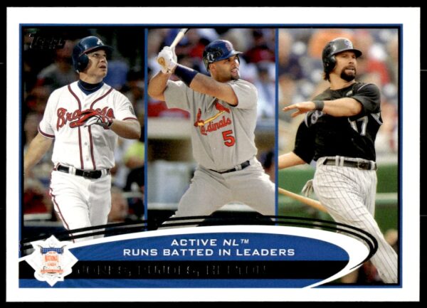 Baseball card of MLB legends Jones, Pujols, Helton, featuring team logos and portraits.