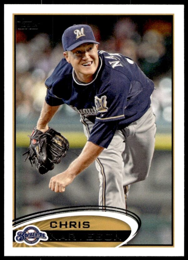 Chris Narveson pitching, 2012 Topps Baseball Card #633, Milwaukee Brewers pitcher collectible.