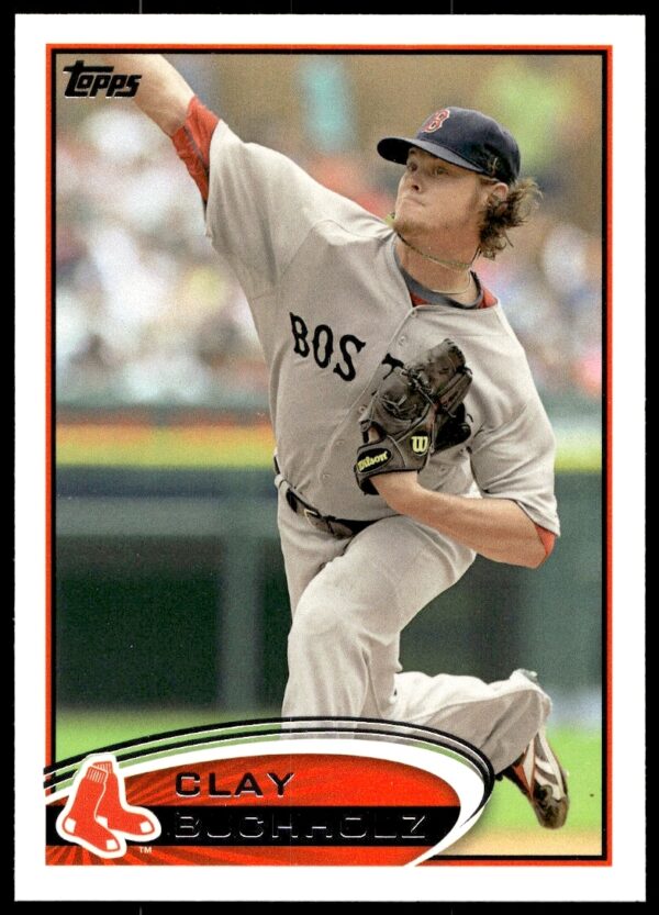 Clay Buchholz 2012 Topps card #247 front, Boston Red Sox pitcher in action.