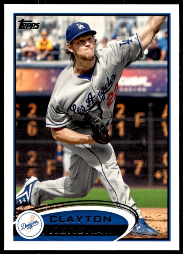 Clayton Kershaw 2012 Topps card #600, Dodgers uniform, pitching action.