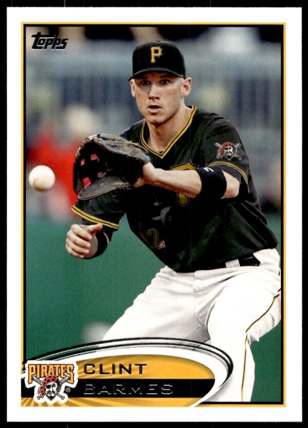 Clint Barmes 2012 Topps card #623, Pittsburgh Pirates uniform, mid-action baseball field scene.
