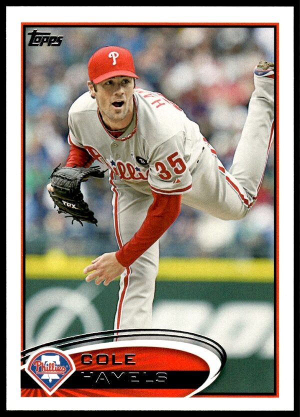 Cole Hamels pitching, 2012 Topps baseball card #190, Philadelphia Phillies, dynamic action shot.