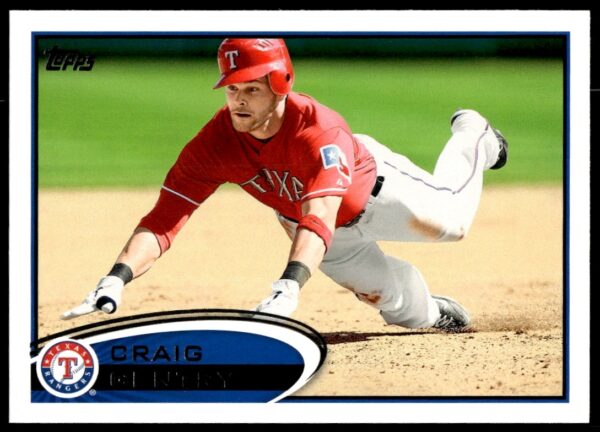 Craig Gentry 2012 Topps card #347, Texas Rangers, dynamic action shot.