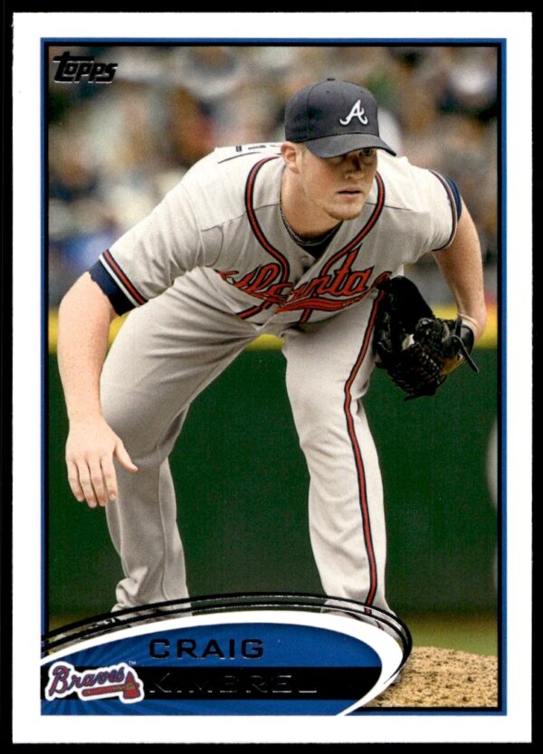 Craig Kimbrel 2012 Topps baseball card, Atlanta Braves uniform, mid-pitch action, card #20.