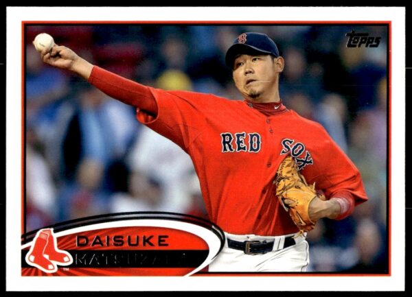 Daisuke Matsuzaka 2012 Topps Baseball Card #586 front, Boston Red Sox pitching action.