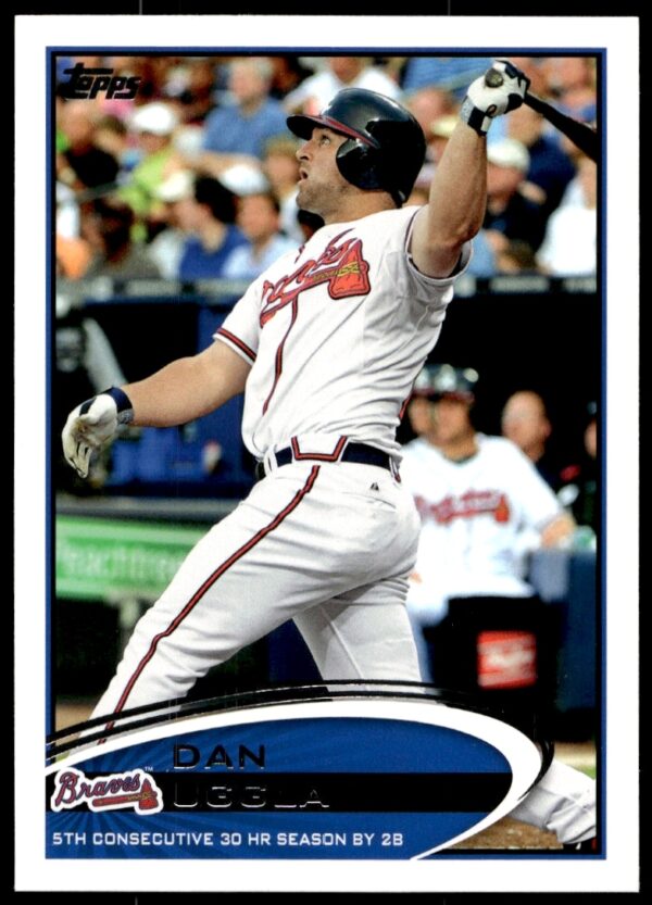 Dan Uggla 2012 Topps Baseball Card #579 showing him batting for the Atlanta Braves.
