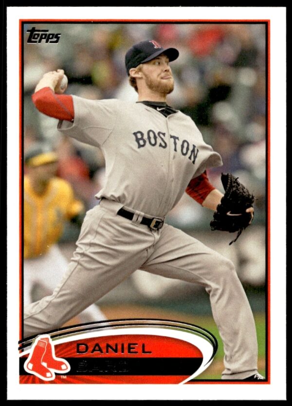 2012 Topps baseball card of Daniel Bard, Red Sox pitcher, mid-pitch in team uniform.