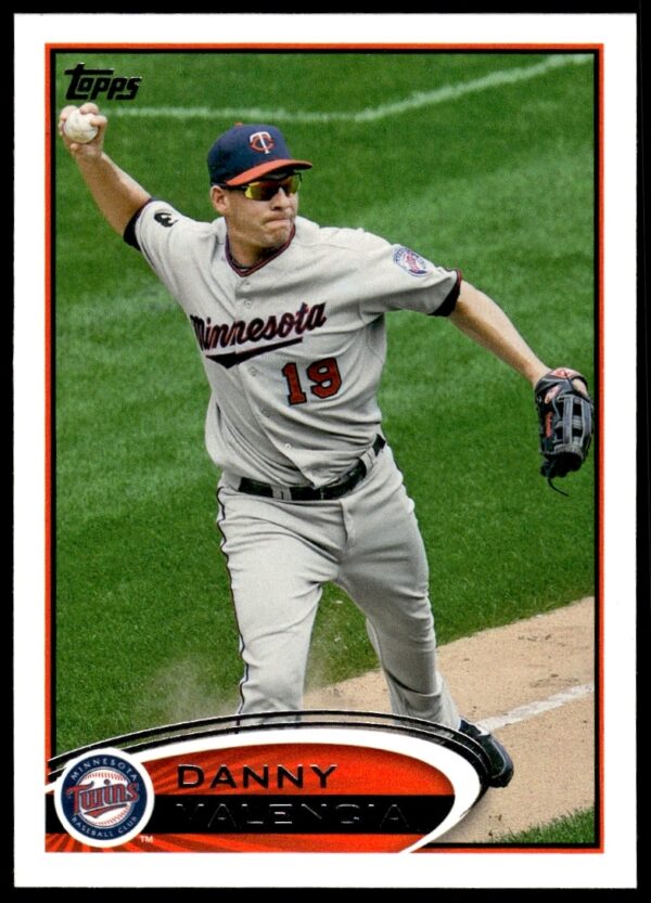 Danny Valencia 2012 Topps Baseball Card #303, showing action pose and team uniform.