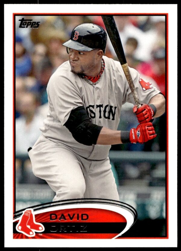 David Ortiz mid-swing, 2012 Topps baseball card #506, Boston Red Sox.