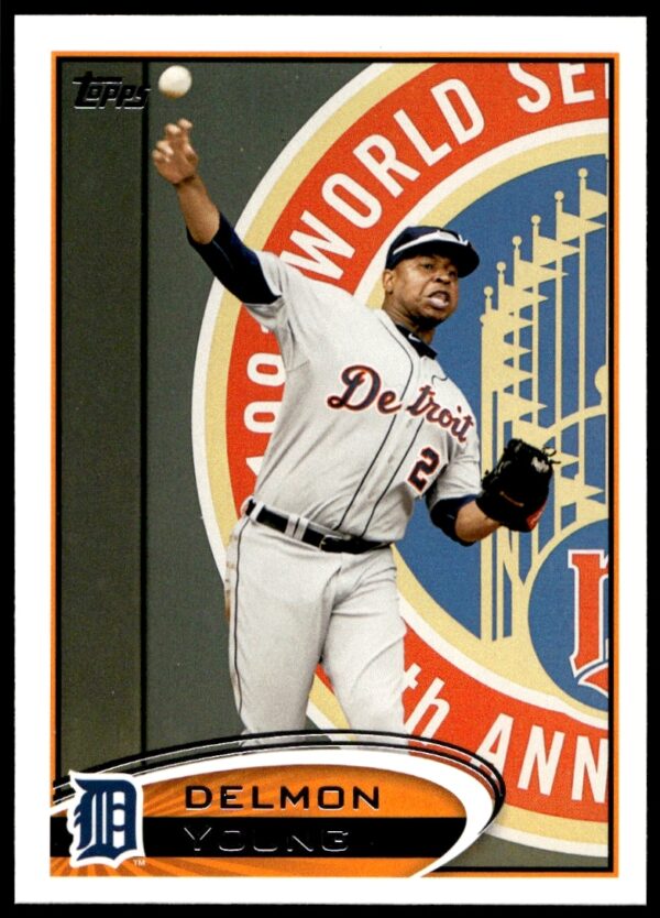 Front view of Delmon Young 2012 Topps baseball card, Detroit Tigers, card number 65.