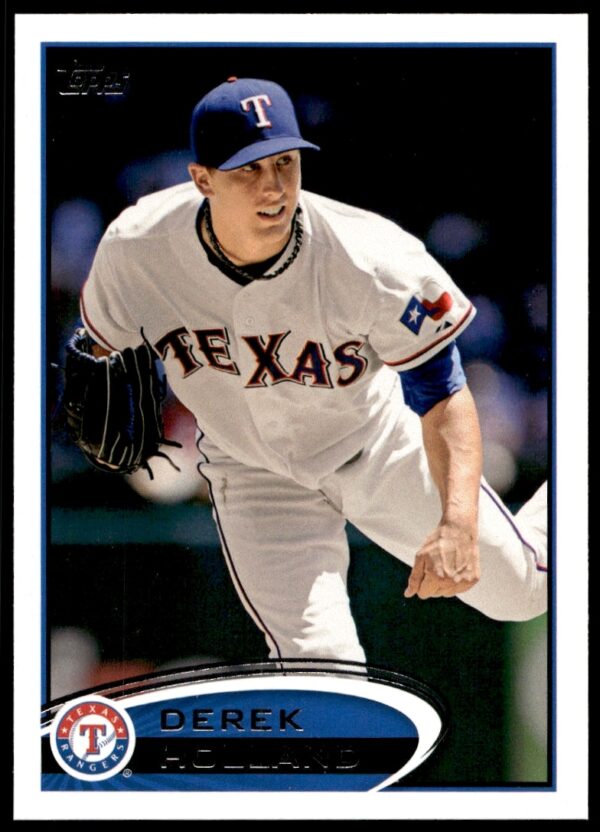 Derek Holland 2012 Topps Baseball Card #34, Texas Rangers pitcher in action.