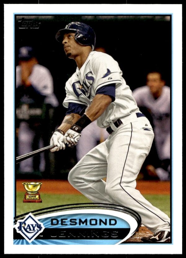 Desmond Jennings 2012 Topps Baseball Card #16, Tampa Bay Rays, mid-play action shot.