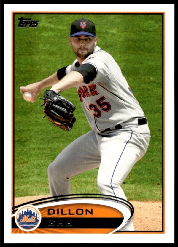Dillon Gee pitching, 2012 Topps baseball card #346, New York Mets home uniform.