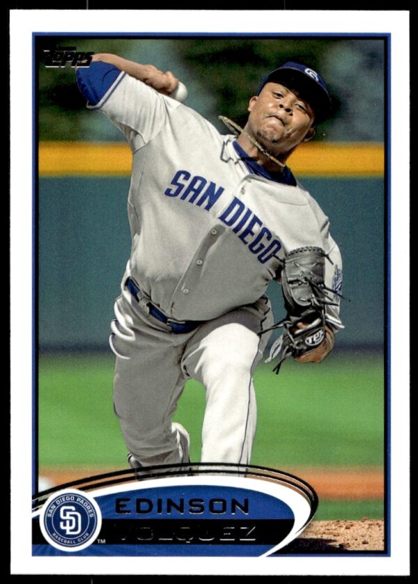 Edinson Volquez pitching, 2012 Topps baseball card #477, front view.