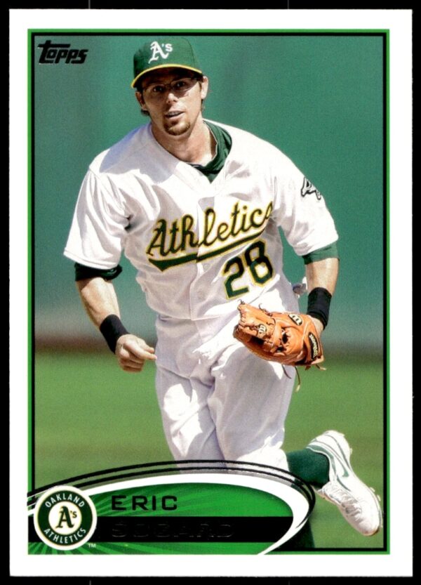 Eric Sogard 2012 Topps card #487, Oakland Athletics, fielding action shot.
