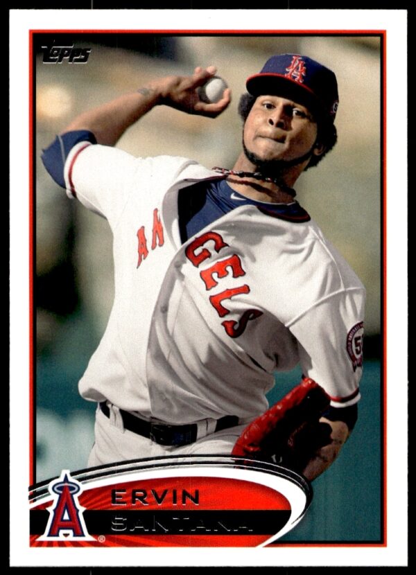 Ervin Santana 2012 Topps Baseball Card #511, Los Angeles Angels pitcher in action.