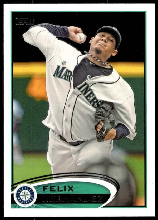 Felix Hernandez pitching on 2012 Topps baseball card #430 in Seattle Mariners uniform.