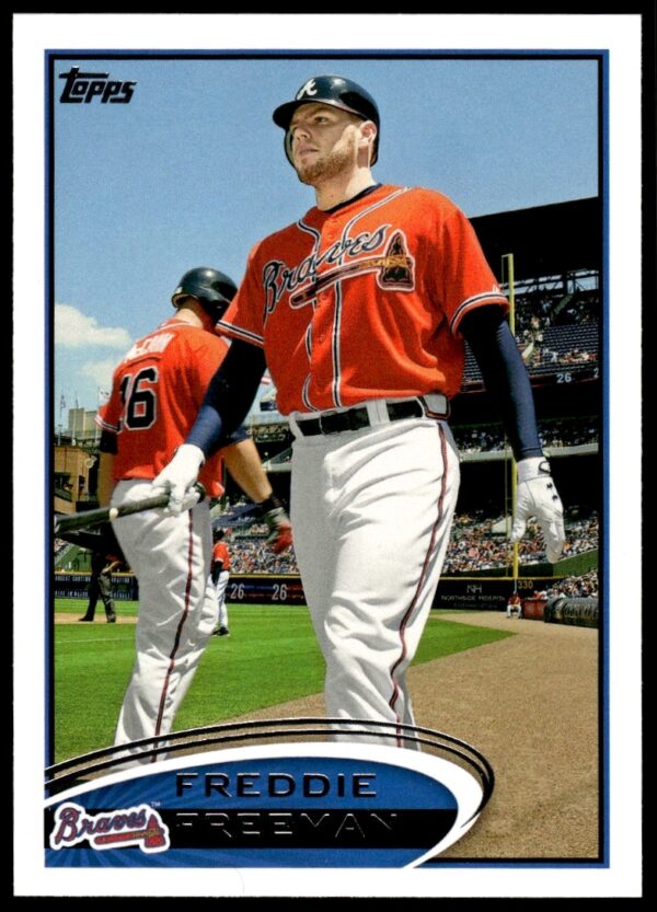 Freddie Freeman 2012 Topps baseball card #215, Atlanta Braves first baseman action shot.