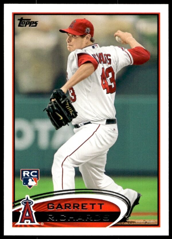 Garrett Richards 2012 Topps Baseball Card #575, Los Angeles Angels Pitcher in Action.