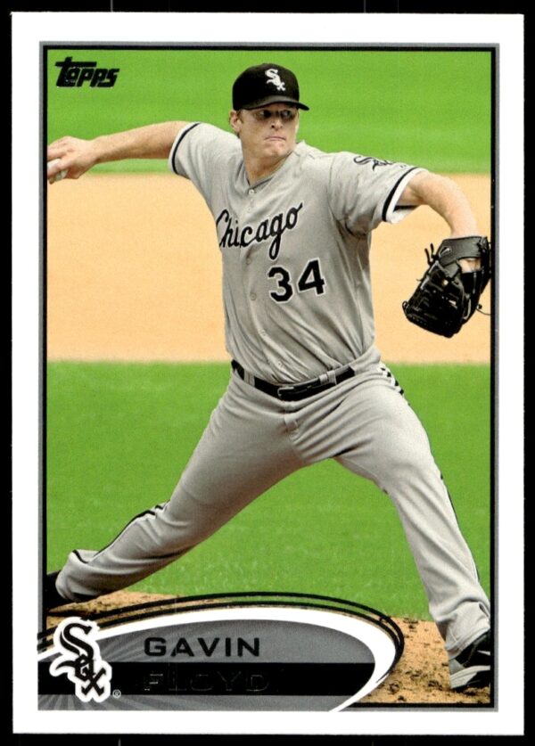 Gavin Floyd pitching, 2012 Topps Baseball Card #336, dynamic action shot, blurred stadium background.