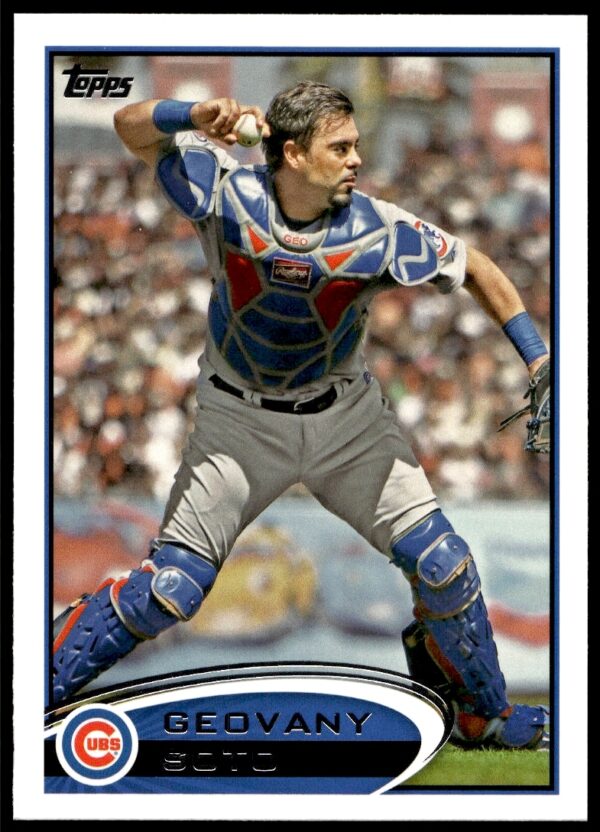 Chicago Cubs catcher Geovany Soto in 2012 Topps baseball card, number 56, showcasing on-field action.