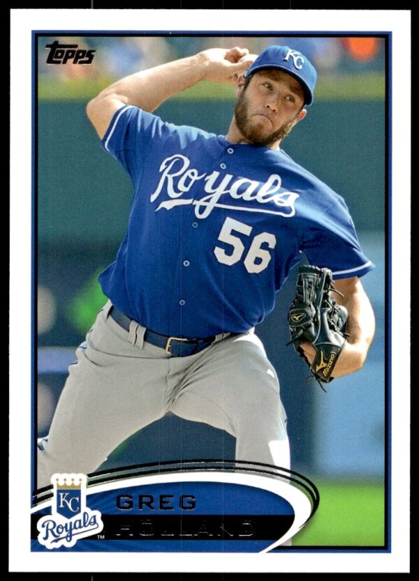 Greg Holland 2012 Topps #409 baseball card, Kansas City Royals, action pitching.