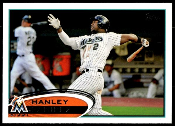2012 Topps Baseball Card #60: Hanley Ramirez in action, Miami Marlins uniform.
