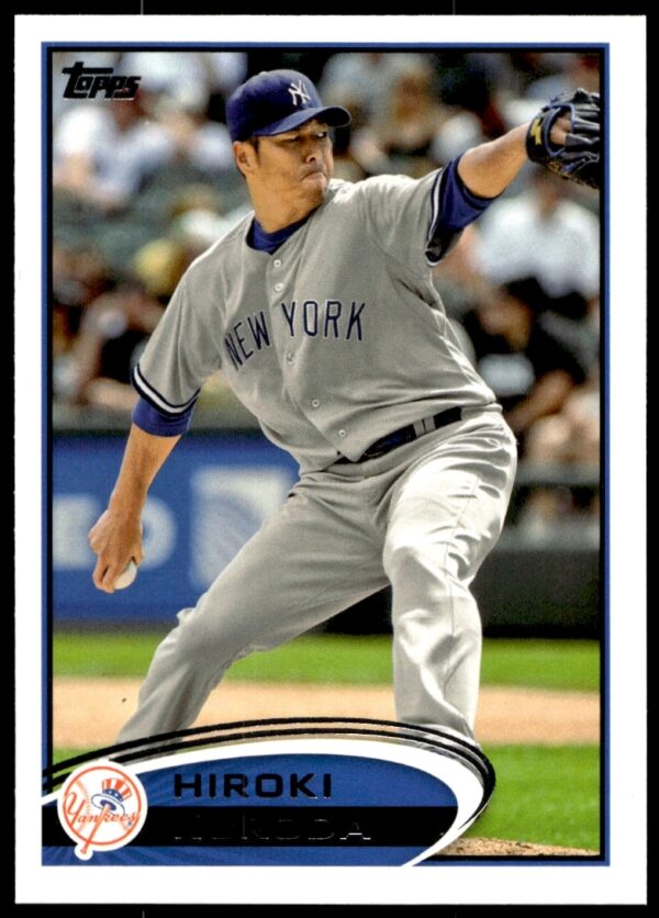 Hiroki Kuroda 2012 Topps baseball card #572, New York Yankees pitching action.
