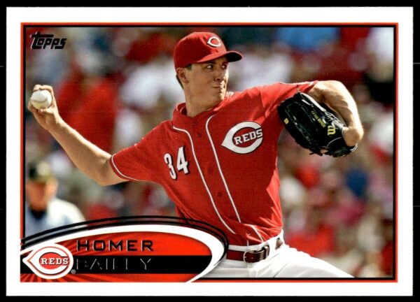 Homer Bailey pitching, 2012 Topps baseball card #659, showcasing dynamic on-field action.
